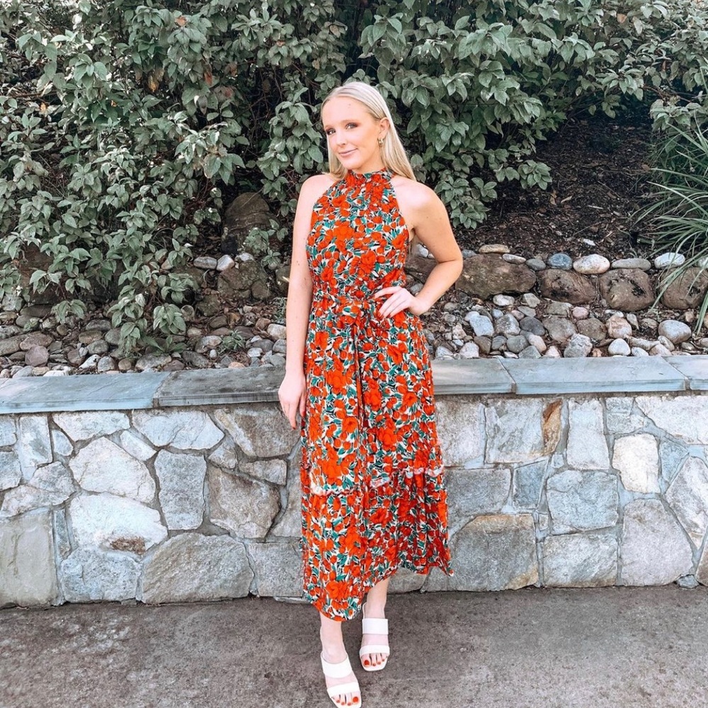 Red floral midi dress (perfect for a wedding)
